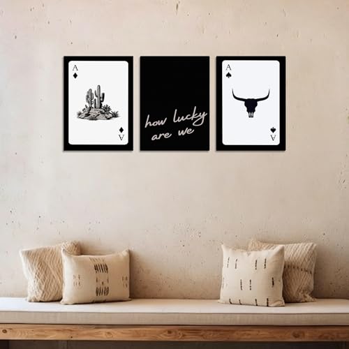 Western Wall Decor Living Room,Southwestern Cowboy How Lucky Are We Wall Art,Longhorn Bull Skull and Playing Card Canvas Painting Pictures for Bedroom Bathroom Office,12x16in,Framed - color: Western, size: 12x16inchx3pcs