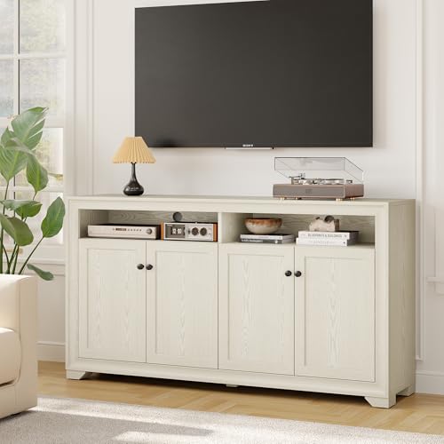 60 Inches Sideboard Buffet Cabinet with Storage and 4 Doors, White | Large Sideboard Kitchen Cabinet with Open Shelf & Adjustable Shelf, Kitchen Coffee Bar Console Table for Living Room, Hallway - color: White