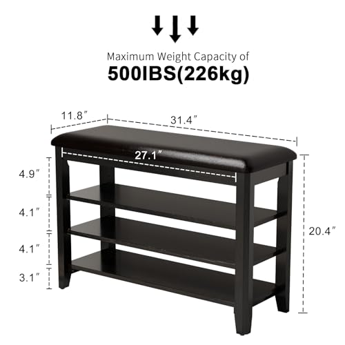 AQIMUELE Shoe Bench with Leather Cushion, 3 Tiers Shoe Storage Bench Height Adjustable, Walnut Wood Entryway Bench for Hallway, Mudroom - color: Black, size: 31.5"