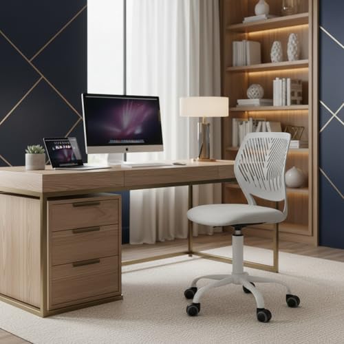 FurnitureR Kids Study Desk Chair, Armless Adjustable Swivel Task Chair with Fabric Cushion & Plastic Backrest, Rolling Lightweight Giftable Seating for Children & Teens, Light Grey - color: Light Grey