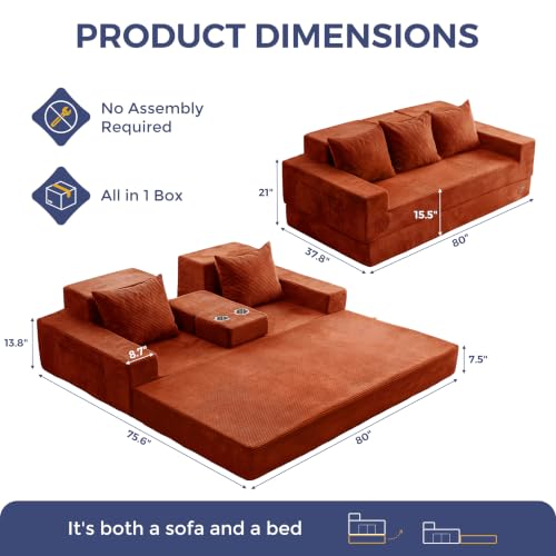 MAXYOYO Sofa Bed, 80-Inch Oversized Boneless Loveseat, 2 Cup Holders | Corded Orange 4-in-1 Boneless Couch Converts Into a Floor Sofa or Chair; Sofa-in-a-Box Design Requires No Assembly. - color: Corded Orange, size: Oversized(80" Length)