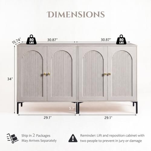 IFBUY 61.75" W Mid Century Modern TV Stands for Living Room, Light Grey | Wood Entertainment Center w/Adjustable Shelves, Media Console w/Arched Fluted Doors, Entryway Cabinet Fits 65, 70, 75 Inch TV - color: Light Grey, size: 15.75"D x 61.75"W x 34"H
