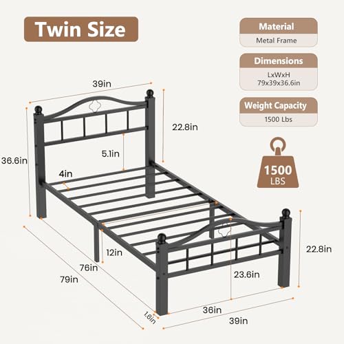 Metal Twin Bed Frame with Headboard | Noise-Free Design, 12” Underbed Storage, Heavy Duty with Headboard, No Box Spring Needed, Tool-Free Assembly - color: Twin -Black