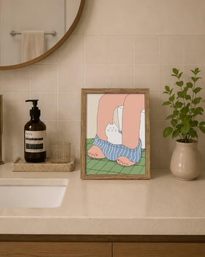 Funny Bathroom Cat Wall Art Canvas Framed Poster Painting Print Picture, Cute Cat in Pants Cartoon Illustration, Humorous Toilet Bathroom Decor Artwork for Living Room Restroom Home Decoration 8x10 Inch - color: A-Cat, size: 10"L x 8"W