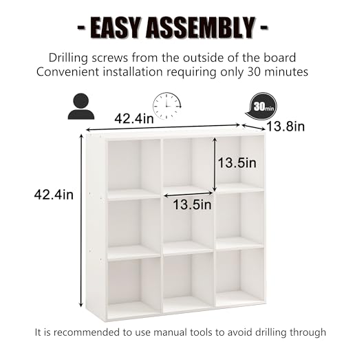 Wooden 9 Cube Storage Organizer with Closed Back Panel,White Cube Shelf Cubby Storage Organizer with Compartments for Living,Bookshelf, Easy to Install (White, 9 Cube-13in) - color: White, size: 9 Cube-13in