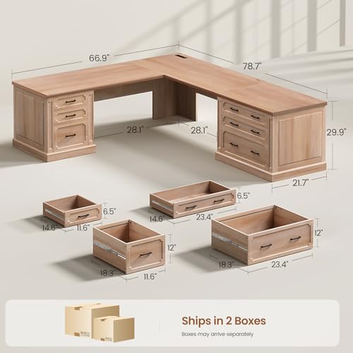 SEDETA Farmhouse 78.8" L Shaped Desk with 6 Drawers, Home Office Desk with Power Outlet, File Cabinet Storage, Wood Corner Computer Desk for Work and Study, Oak - color: Oak, size: 78.8" L Shaped Desk
