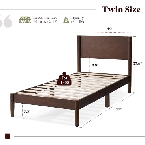 AMERLIFE Solid Wood Twin Bed Frame, Mid Century Bed with Headboard, Walnut | Platform Bed with Full Panel Headboard, Noise-Free & Cylindrical Legs, No Box Spring Needed, Under-Bed Storage - color: Dark Walnut, size: Twin