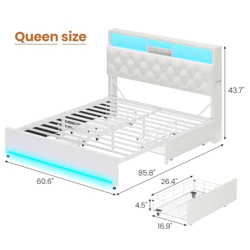 HAUOMS Queen Bed Frame with Headboard and 4 Drawers, Cream Upholstered | Storage Headboard with Charging Station and LED Lights, Velvet Platform Bed with 5 Shelf, Noise Free, No Box Spring Needed - color: Velvet Creamy White, size: Queen (U.S. Standard)
