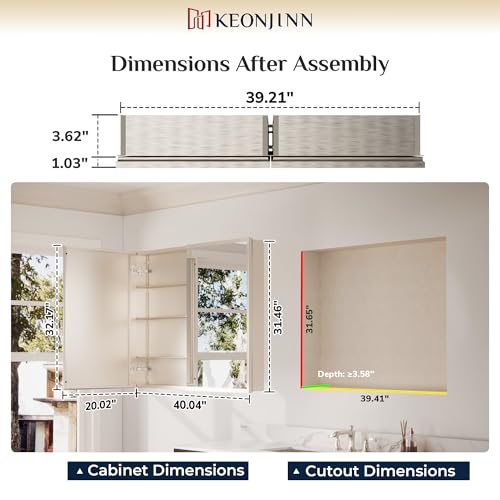 Keonjinn Large Medicine Cabinet Mirror 40 x 32 Inch, Brushed Nickel, 2 Door | Assembly Required, Stepless Adjustable Shelves, Waterproof Aluminum Rust-Resistant, Tempered Glass, Surface Mount or Recessed - color: Brushed Nickel, size: 40x32 In