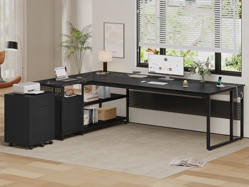 71" Executive Desk, Reversible L Shaped Desk with Mobile File Cabinet & Power Outlets, Large Office Desk with Drawers, Storage Shelves, Hooks, Corner Computer Desk for Home Office (Black) - color: Black