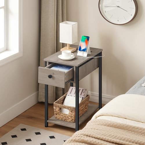 HOOBRO End Table with Charging Station, Narrow Side Table, Small Nightstand, Bedside Tables with Drawer and Storage Shelves, for Small Spaces, Living Room, Bedroom, Greige and Black BG041BZ01G1 - color: Greige+black