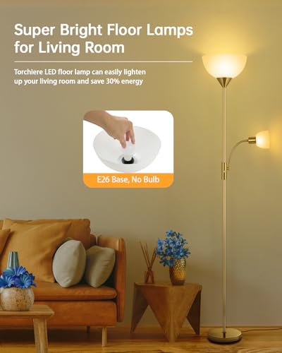 Torchiere Floor Lamps, LED Standing Lamp, 71" Tall Torch Floor Lamps with Reading Light, 3 Way Rotary Switch, White Plastic Shade,Bright Gold Modern Corner Lamp for Living Room Bedroom Office(No Bulb) - color: Gold Floor Lamp(No Bulb)
