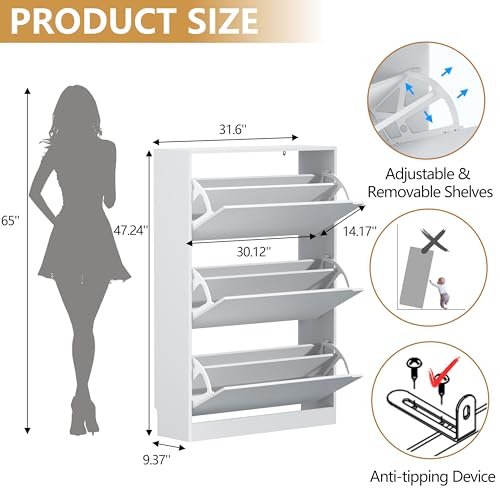 Narrow Shoe Cabinet for Entryway, Slim Shoe Storage Cabinet with 3 Flip Drawers, Hidden Wood Shoe Cabinet Storage, Freestanding Shoe Rack Organizer Foyer, Hallway, White - color: White, style: Hidden 3 Drawers