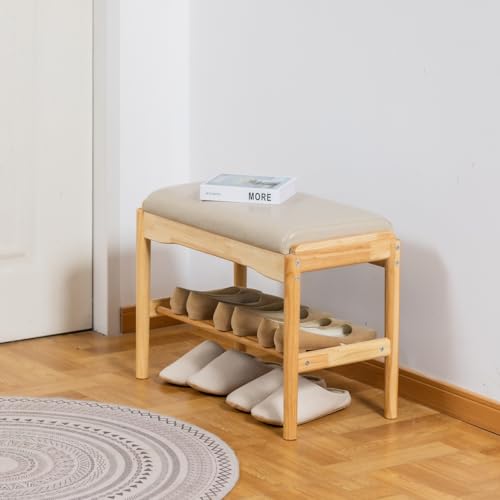 latifolia Small Shoe Bench, Solid Wood Bench with Cushion, 2 Tier Shoe Storage Organizer for Entryway(Nature,23.62''L) - color: Grey and Nature, size: 23.62''L