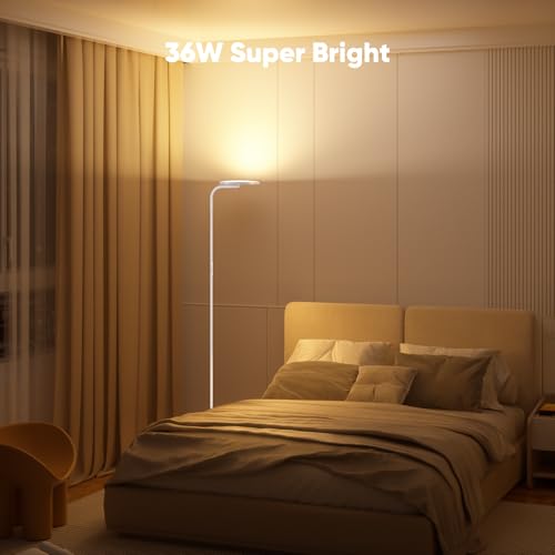 36W LED Floor Lamp, Super Bright Standing Lamp, Modern Stepless Dimmable Torchiere Tall Lamp with Remote Control, 350°Rotating Head Reading Floor Lamp for Living Room, Bedroom, Office - color: White