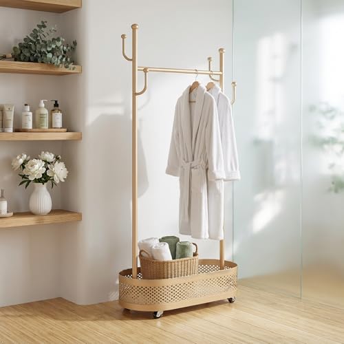 Gold Wheeled Cactus Metal Coat Rack Freestanding Garment Organizer | Double Sided, Modern Style, Powder Coated, for Entryway and Bedroom, 24x14x66.93 Inches - color: Gold