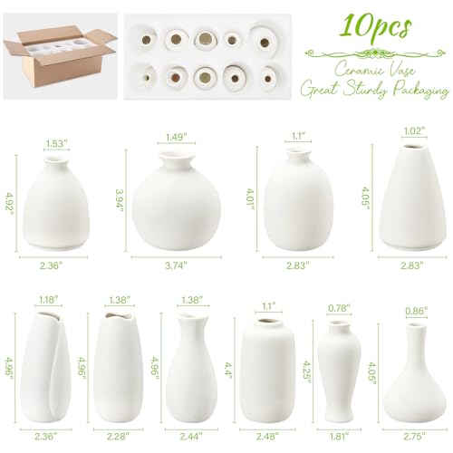 10pc Ceramic Bud Vases Set - White Small Flower Ceramic Vases | 2-3 Inch Mini Vases Boho & Modern Ceramic Vase Set for Table Décor, Wedding, Cute Vase Home Decor