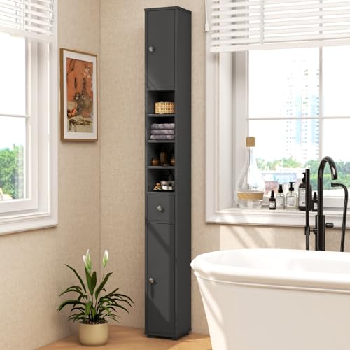 GOFLAME 71” Tall Bathroom Storage Cabinet, Narrow Freestanding Organizer with 1 Drawer, 2 Doors & 5 Open Shelves, Slim Bathroom Cabinet for Small Space, 8" x 8" x 71", Grey - color: Grey
