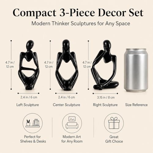 Thinker Statue Decor for TV Stand, Shelf, Desk, or Coffee Table - Set of 3 Resin Figurines for Living Room Decorative Objects, Modern Sculpture, Minimalist Bookcase Decor, Home Accents (Black) - color: Black