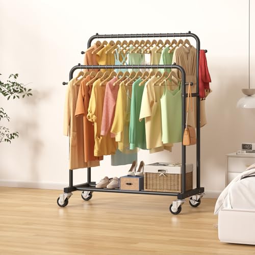 Laiensia Double Rods Garment Rack with Wheels, Clothing Rack for Hanging Clothes,4 Hooks, Multi-functional Bedroom Clothes Rack, Black - color: Black