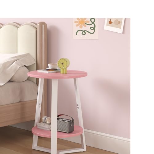 sthmec Small Round End Table, 2 Tier Side Table with Storage Shlef,Coffee Table Wooden Tabletop & Metal Frame,Round Accent Table Small Nightstands Couch Tables for Bedroom,Livingroom,Pink - color: Pink