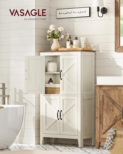 VASAGLE LIRY Collection - Farmhouse Storage Cabinet, Bathroom Floor Cabinet with Barn Doors, Freestanding Kitchen Pantry, Adjustable Shelves, for Dining Room, Living Room, Rustic White, UBBK773W01 - color: Rustic White, size: 4 Doors(43.3"H)