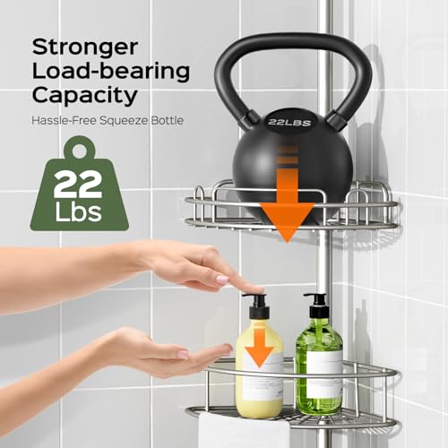 HAMITOR Shower Caddy Tension Pole: 4-Tier Rustproof Bathroom Corner Shelf | Organizer for Renter - No Drill Large Shampoo Storage Rack - Adjustable 47-121", Space Saving Bathtub Accessory - Silver Gray - color: Silver Gray