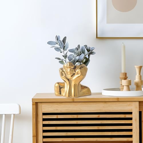Gold Ceramic Human Face Decorative Vase - Shy Posture Modern Art Desktop Display for Bookshelf, Living Room, Office, Bedroom - style: Golden Hands on Cheeks
