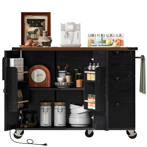 Kitchen Island, Rolling Kitchen Cart with Power Outlet | Built-in power outlet, 2 AC outlets and 2 USB ports, easy charging for coffee maker, juicer, toaster, or devices - color: Black + Particle Board+mdf