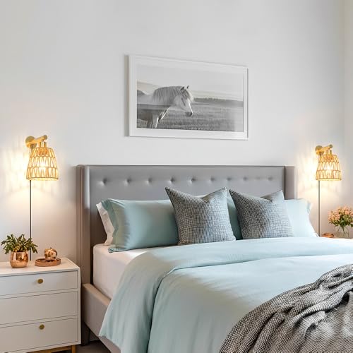 Boho Plug in Wall Sconce Set of 2, Gold Plug Sconces Set of 2, Rattan Sconce Light Fixture with 5.9FT On/Off Switch Cord, Farmhouse Wall Mounted Light for Bedroom Living Room Reading Hallway - color: Gold, size: 6.3in plug-in