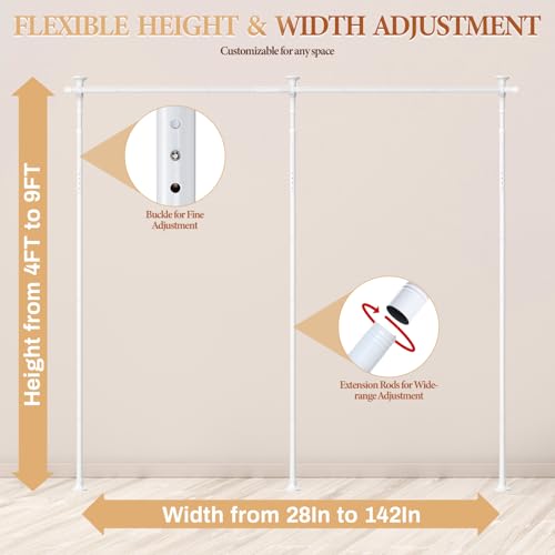 Room Divider Curtain Rod No Drilling, 4-9ft (H) 28-142inch(W) Adjustable Heavy Duty Floor to Ceiling Tension Rod Wall Dividers, Easy Assembly Temporary Privacy Separator for Room Separation White - color: White, size: 4-9 FT Height, 28-142 Inch Width