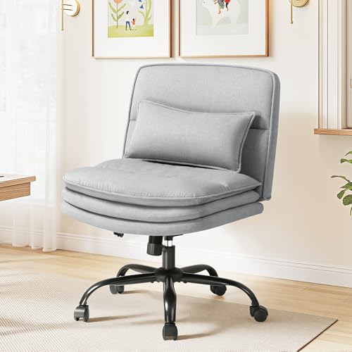 Furmax Criss Cross Legged Office Chair with Wheels, Armless Extra Wide Seat Swivel Desk Chair, Adjustable Height Comfy Task Chair with Thick Cushion for Home Office Bedroom Vanity (Fabric, Grey) - color: Grey
