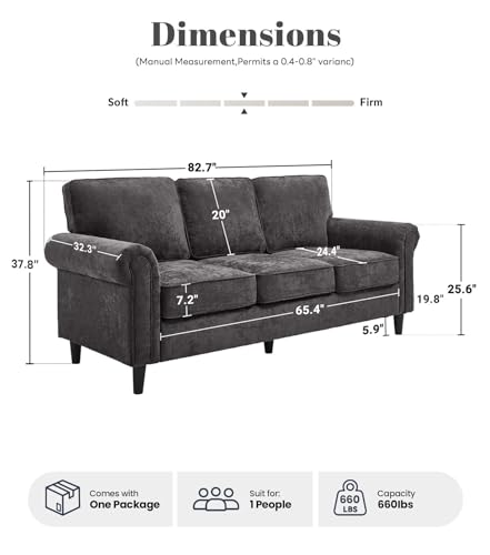 3 Seater Couch, Mid Century Modern Sofa with Rolled Arms and Deep Seats, Fluffy Comfort for Living Room, Apartment, Easy Assembly, Gray - color: Grey, size: Chenille Standard