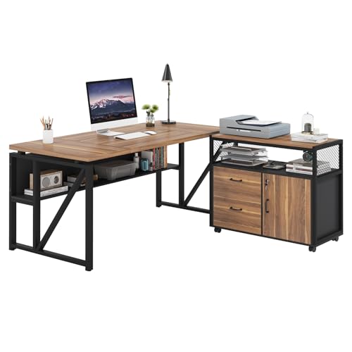 Tribesigns 63" Executive with Drawer Cabinet, L Shaped Desk and Lock lateral File Cabinet, 2 Piece Home Office Furniture Set with Drawers for Hanging File, (Brown, 63 inches) - color: Brown, size: 63 inches