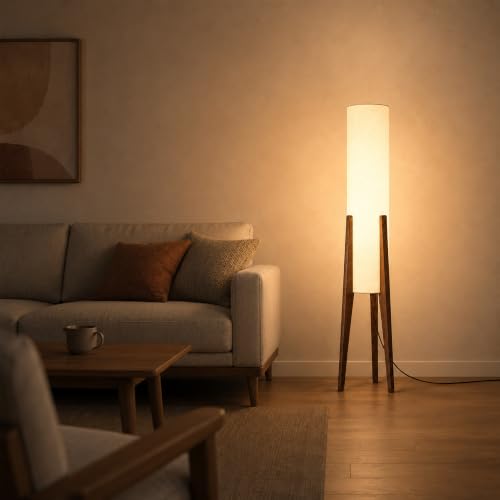 Bofea-Farmhouse Floor Lamp for Living Room & Bedroom,Walnut Wood Vintage Standings Lamp with Foot Switch, 3 Color White Fabric Tall Lamp,Decorative Tower Shade Lamp for Hotel Cafe Study | 3 Color White Fabric Tall Lamp with Foot Switch,Decorative Tower Sh