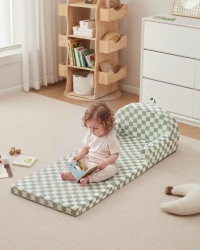 Blissful Diary Kids Couch, 2-in-1 Soft Kids Sofa, Kids Sofa Chair, Comfy Kids Furniture for Playroom, Reading & Play, Checkered Sage - color: Checkered Sage