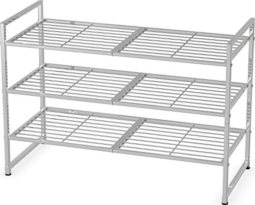 Simple Houseware 3-Tier Stackable Wired Grid Shoe Rack, Silver | 9 Pairs of Shoes Storage Organizer for Closet, Entryway, Garage & Corridor - color: Silver, style: Wired Grid Panel