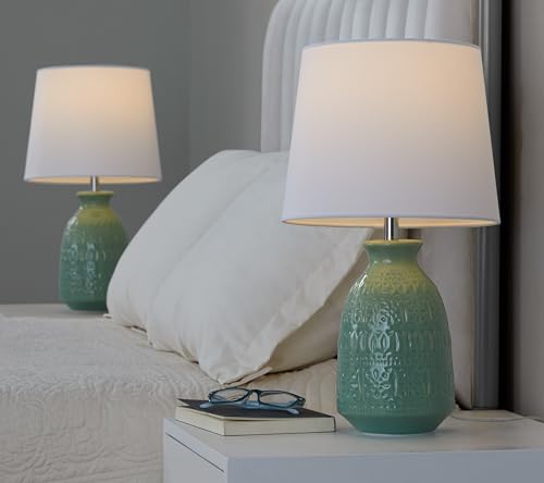 Claudia 20" Ceramic Accent Lamps Set of 2, Desk Lamp, Bedside Lamps for Night Stands, Nightstand Lamp, Small Lamp, Small Table Lamps for Living Room Set of 2, White and Green Lamps Set of 2