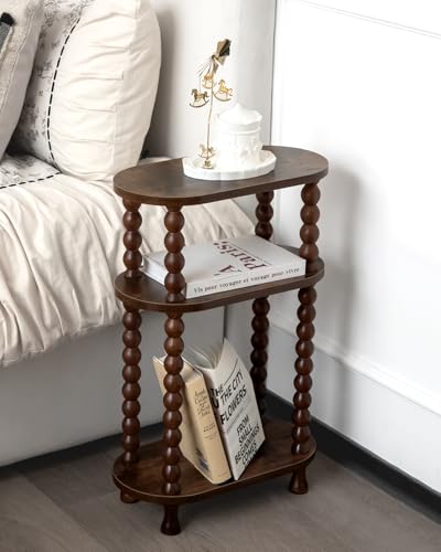 3-Tier Narrow Side Table, Slim End Table for Small Spaces | Skinny wooden side table with shelf storage. Ideal as living room accent or bedroom nightstand.Easy assembly, space-saving - color: Walnut