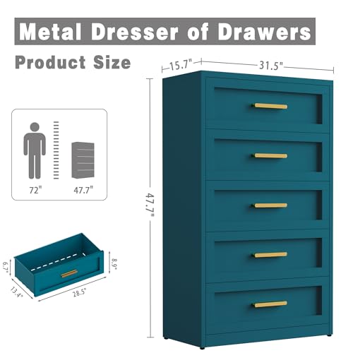 5-Drawer Tall Dresser for Bedroom, Metal Chest of Drawers for Closet Storage, Modern Tall Dresser with 5 Drawers, 31.5" Blue Dressers & Chests for Clothing Storage Organizer - color: Blue, size: 5 Metal Drawers