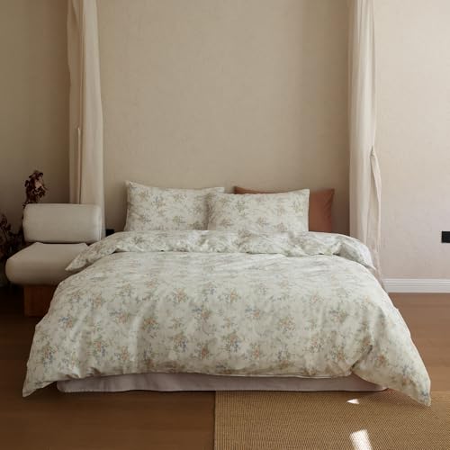 Floral Full Duvet Cover Cotton Boho Full Comforter Cover Zipper Farmhouse French Country Retro Duvet Cover Set with Corner Ties Cute Teen Bedding Set for Girls Duvet Protector - color: C Floral21, size: Full(Duvet Cover and 2 Pillows Sham)