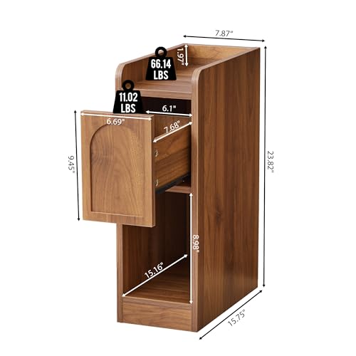 Narrow Nightstand, Slim Bedside Table with Raised Edge Top, Arched Drawer & Open Shelf, Modern Wooden Small Side End Table for Bedroom or Living Room (1, Walnut) - color: Walnut-arched Drawer, size: 1-Pack