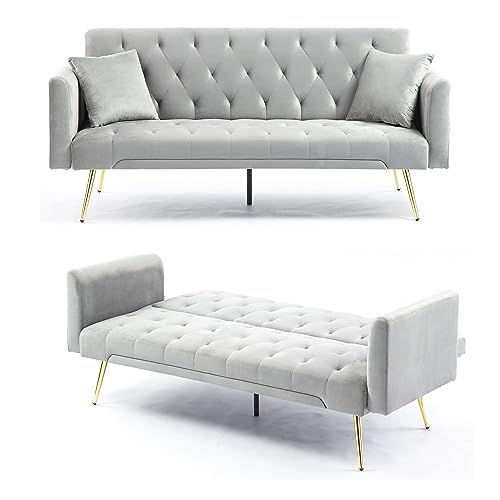 Anwick 72''Modern Velvet Sofa Bed Futon,Convertible Folding Sleeper Couches with 3 Adjustable Backrests,Tufted Recliner Loveseat with Golden Chrome Legs for Living Room Apartment Office (Grey) - color: Grey