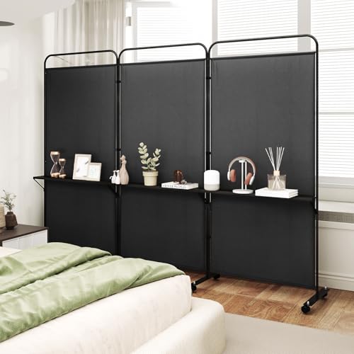 GOFLAME 3 Panel Room Divider with Storage Shelves, 6FT Folding Privacy Screen with Lockable Wheels, Portable Rolling Wall Divider, Freestanding Partition Screen for Room Separation, Black - color: Black