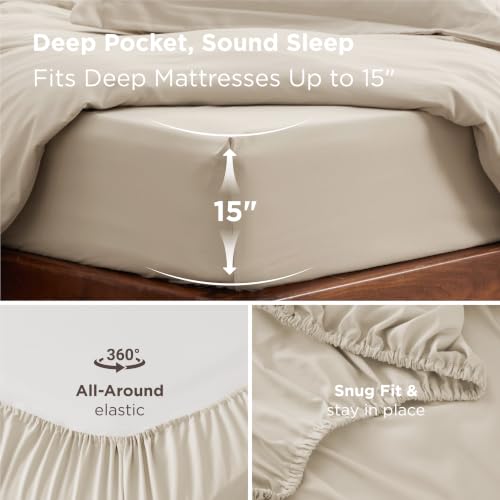 Bedsure King Duvet Cover with Fitted Sheet, Double Brushed Bedding, Beige | 4Pcs, Deep Pocket, 104"x90" Comforter Cover, For Kids & Adults, Hotel Luxury, Soft, Breathable, Lightweight, Zipper Closure - color: 03 - Beige, size: King (With Fitted Sheet)