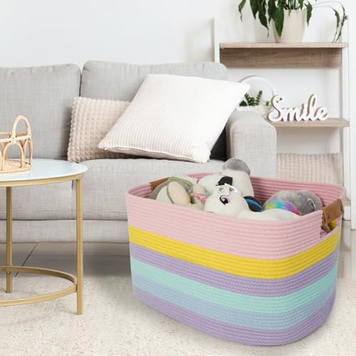 Large Laundry Basket, 108L Rectangle Woven Baskets for Storage for Living Room, Laundry, Nursery, Pillows, Baby Toy chest, Blanket Storage with Leather Handle, 25’’*16’’*16’’ Rainbow - color: Rainbow, size: 108L