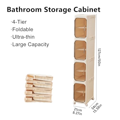 UFORU Tall Narrow Storage Cabinet,Slim Organizer with Magnetic Doors&Wheels | 4 Tiers, Smooth-Rolling Wheels, Durable Waterproof Plastic, Adjustable Shelves, Space-Saving Design for Small Spaces - color: Cream White, size: 4 tier