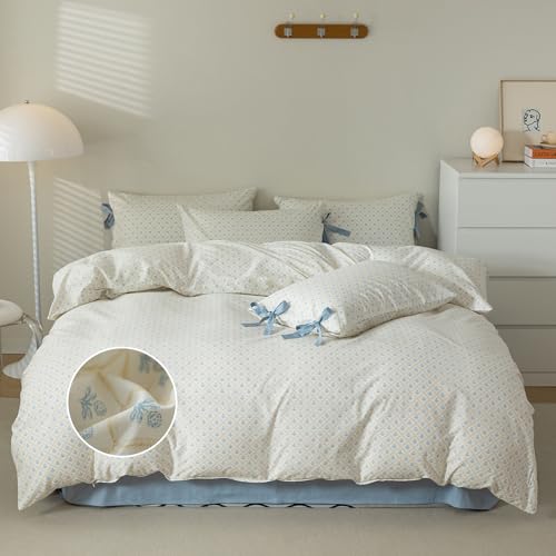 mixinni Blue Floral Duvet Cover Twin Size- 3 Piece Cottagecore Bedding Set with Bow Ties & Zipper Closure, 100% Cotton Soft Aesthetic Comforter Cover for Girls, Lightweight Breathable Country Style - color: A5 # Bowknot - Bloom Blue Floral, size: Twin(68"