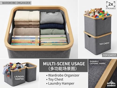 Bamboo Storage Basket, Collapsible Fabric Shelf Basket with Handles, Open-Top Closet Organizer Bin, Gray, 11.8 x 11.8 x 9.6 in