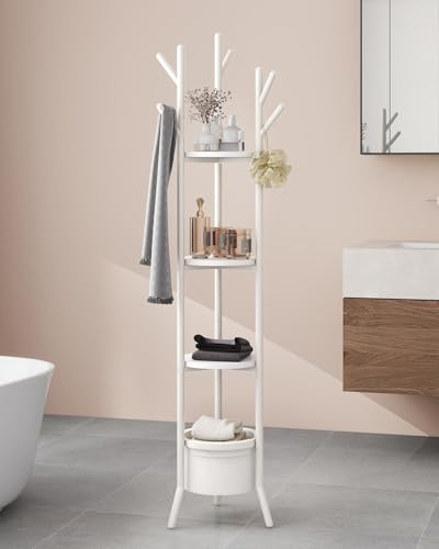 YMYNY Coat Rack, Freestanding Coat Stand with Storage Shelves, Hall Trees with 3 Wooden Shelves and 1 Fabric Basket, Metal Clothes Stand for Hats Bags Hallway Bedroom White UHGR005W - color: White